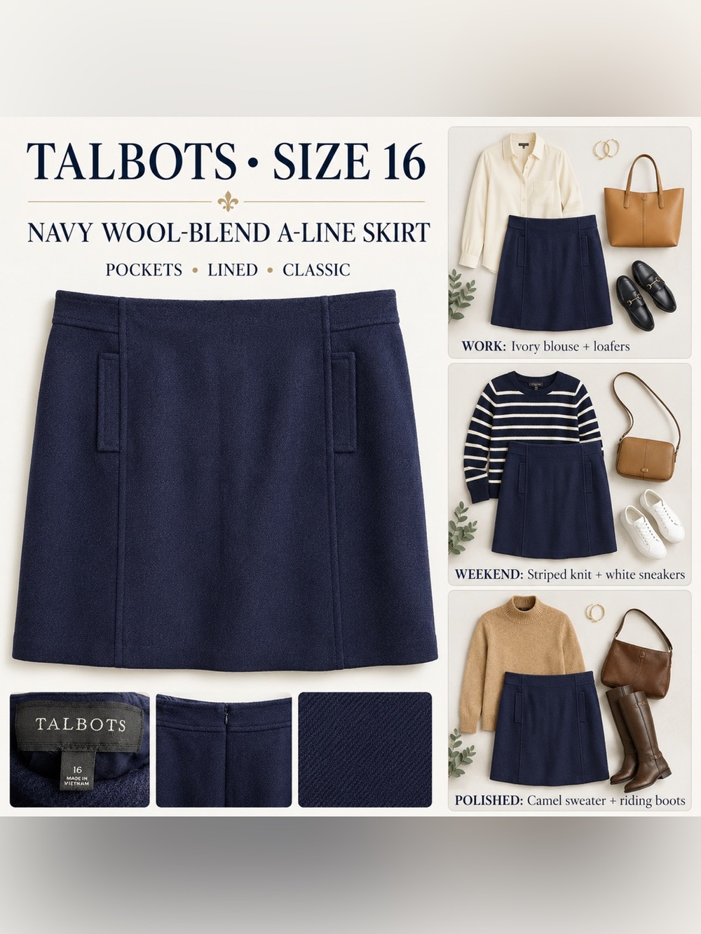 Talbots Navy Wool-Blend A-Line Skirt with Pockets Size 16